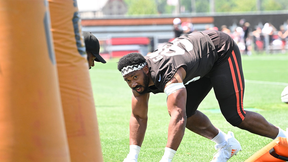 Cleveland Browns defensive end Myles Garrett (95) during practice at the Browns training facility in Berea, Ohio.