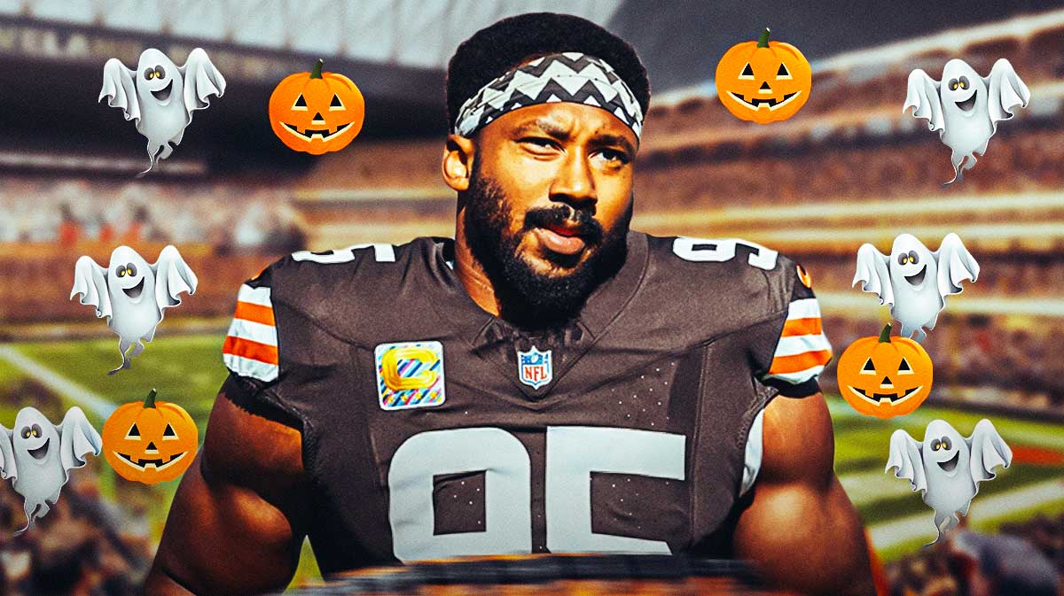 Browns' Myles Garrett with ghosts and jack-o-lanturns around him
