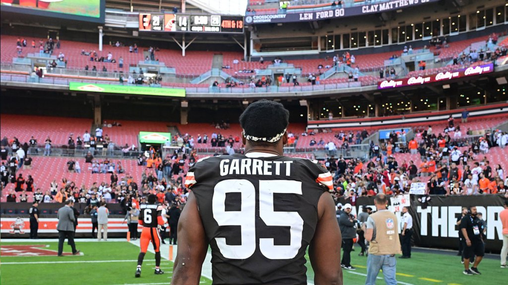 Cleveland Browns defensive end Myles Garrett (95) walks off the field after the game against the Cincinnati Bengals at Huntington Bank Field.