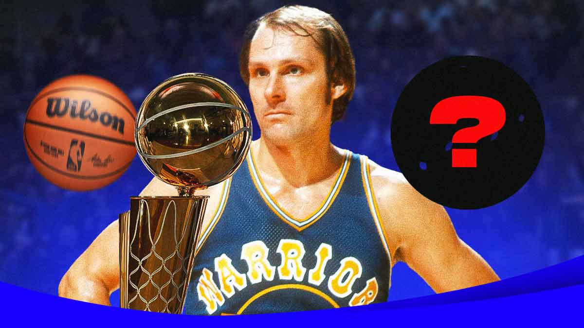 Rick Barry, a basketball, an NBA championship trophy, and a silhouetted black and white pickeball