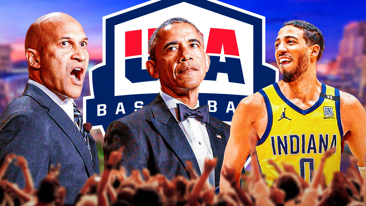 Key & Peele President Barack Obama next to Pacers All-Star Tyrese Haliburton smiling next to Keegan-Michael Kay as "Luther" from the show Key & Peele and the Team USA Basketball logo