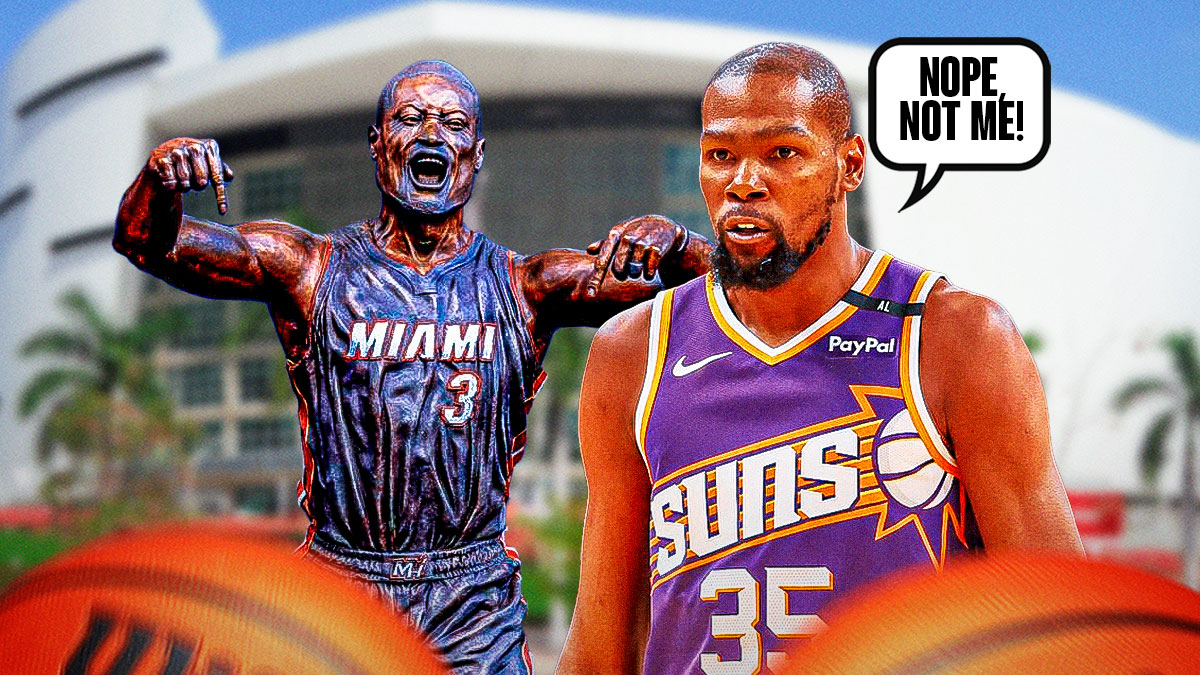 Kevin Durant looking at Dwayne Wade's statue saying, "Nope, not me!"