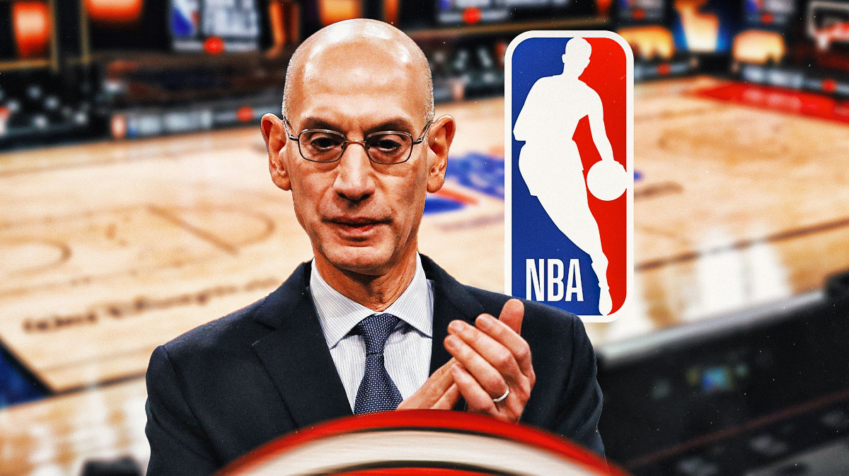 Adam Silver with stoic expression and NBA logo