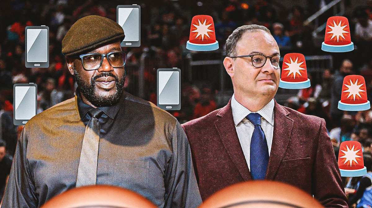 Shaquille O'Neal with a picture of former ESPN analyst Adrian Wojnarowski with cell phone emojis and sirens all around him.