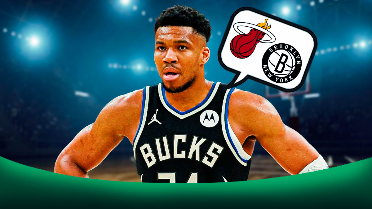 Giannis Antetokounmpo with a thought bubble that has the Miami Heat and the Brooklyn Nets logos.
