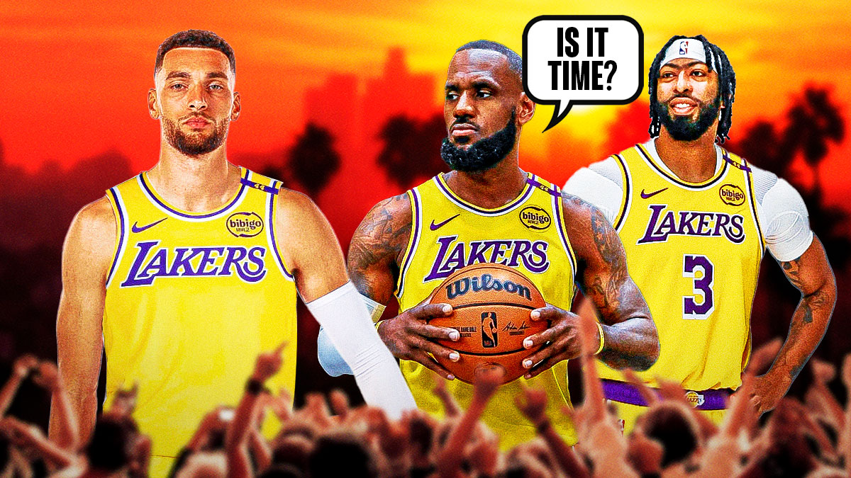 Zach LaVine in a Lakers uniform, with speech bubble on LeBron James and Anthony Davis: "Is it time?"