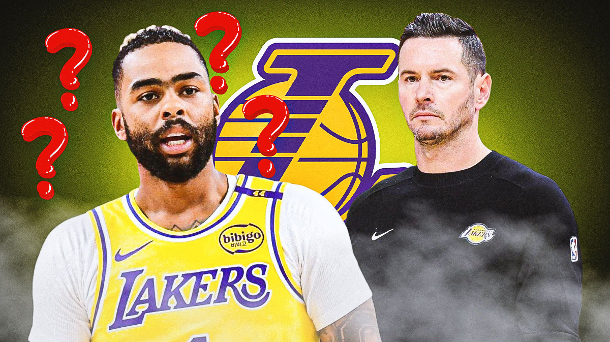 Los Angeles Lakers guard D'Angelo Russell with question marks around him, and the Lakers logo, alongside head coach JJ Redick