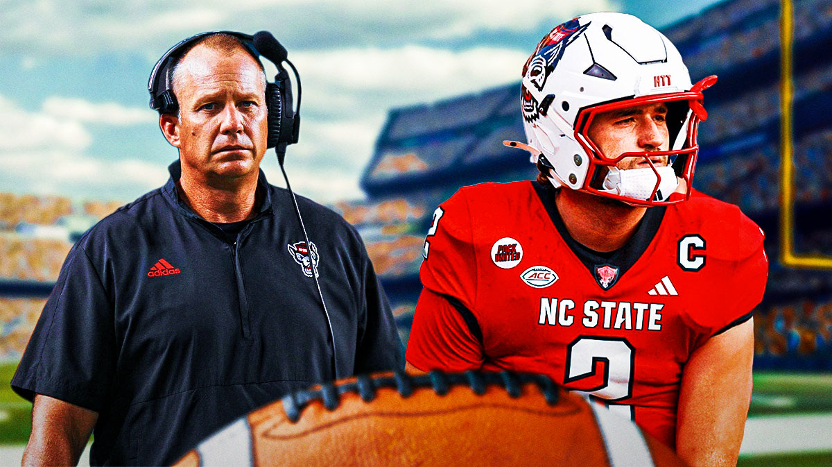Photo: Grayson McCall looking serious in NC State football jersey, head coach Dave Doeren looking worried beside him