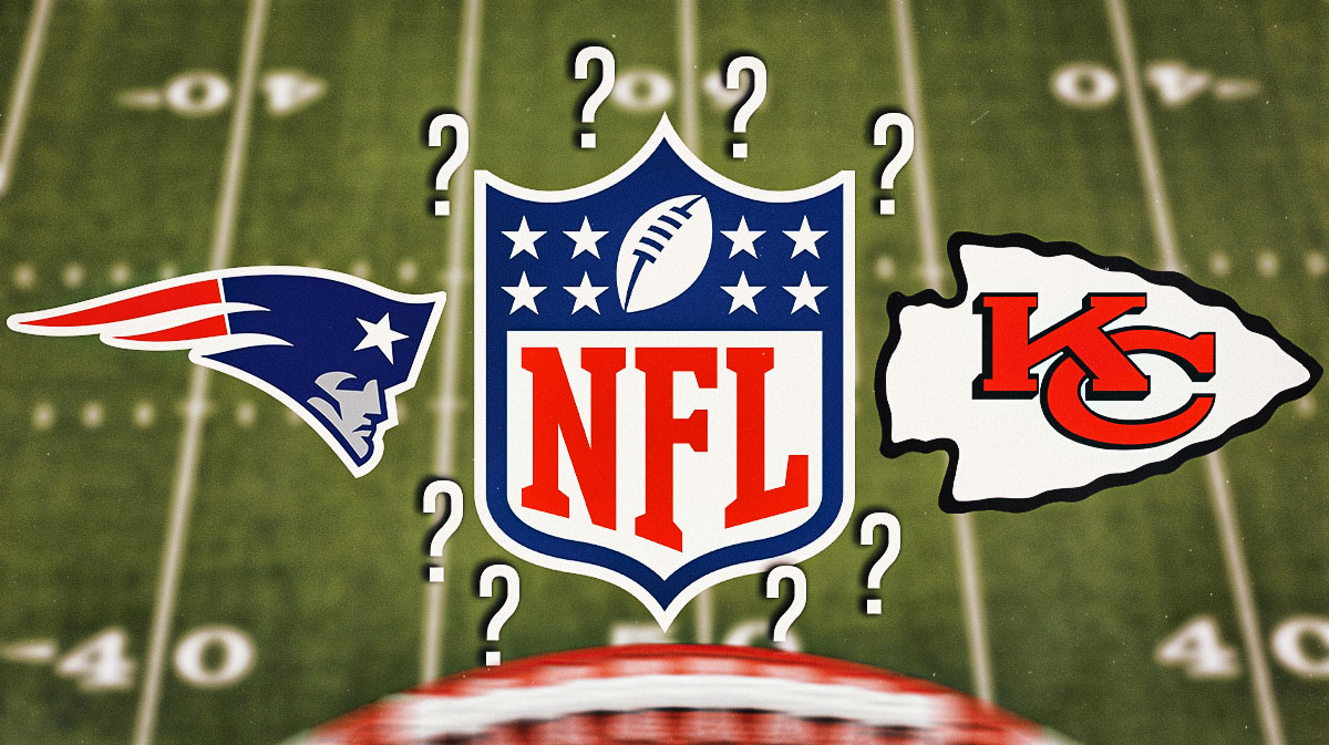 A logo for the New England Patriots is on the left side of the image. A logo for the Kansas City Chiefs is on the right side of the image. In the middle is a logo for the NFL. The NFL logo is surrounded by question mark emojis.