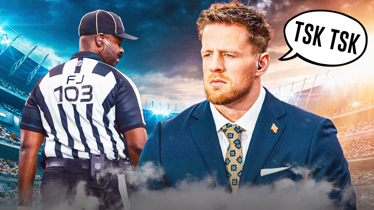 JJ Watt with speech bubble saying "Tsk Tsk" to NFL referee