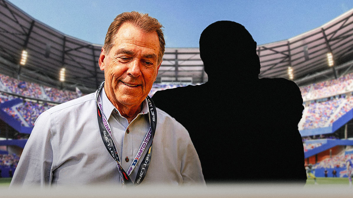 Nick Saban next to the blacked-out silhouette of Amari Cooper in front of the Bills stadium.
