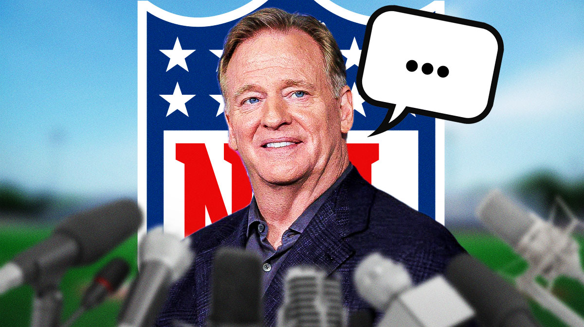 NFL Commissioner Roger Goodell with a speech bubble that has the three dots emoji inside. There is also a logo for the NFL.