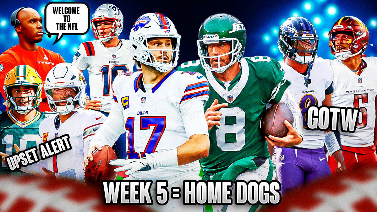 It's the NFL Week 6 picks, predictions, and odds column, which features: a collage of - - Bills Josh Allen and jets Aaron Rodgers large and in the middle surrounded by... - "Week 5 = Home Dogs" - Packers Jordan Love and Cardinals Kyler Murray with "UPSET ALERT" stamped on them - Texans coach DeMeco Ryans with speech bubble "Welcome to the NFL" to Patriots Drake Maye - Ravens Lamar Jackson and Commanders Jayden Daniels with "GOTW" stamped over them.