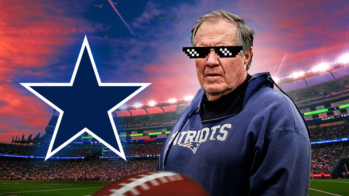 Bill Belichick with deal with it shades and Dallas Cowboys logo in the background