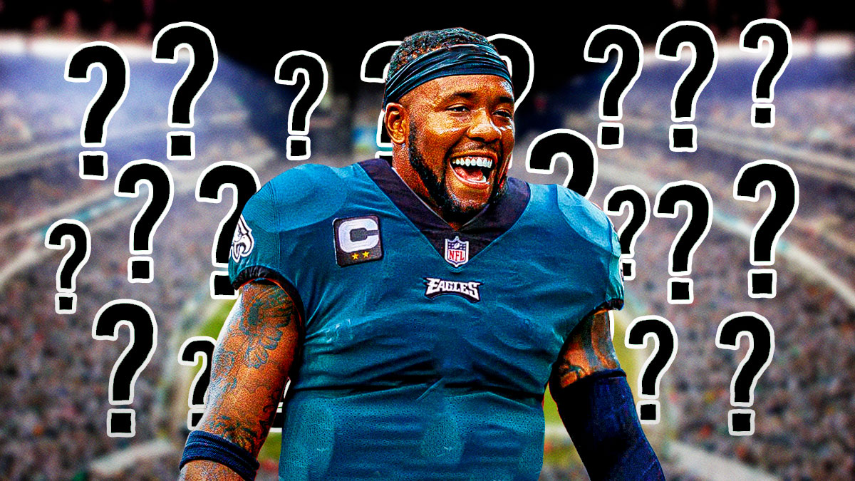 Budda Baker in an Eagles jersey surrounded by question marks