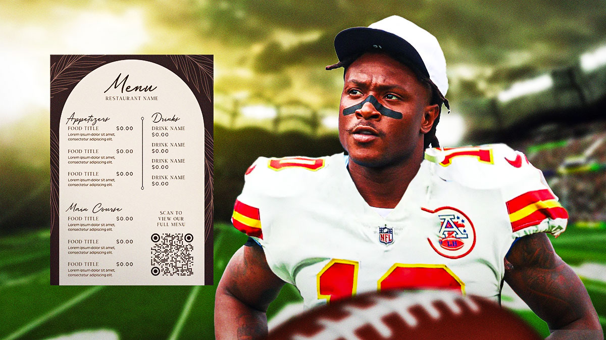DeAndre Hopkins in Chiefs uniform next to small menu.