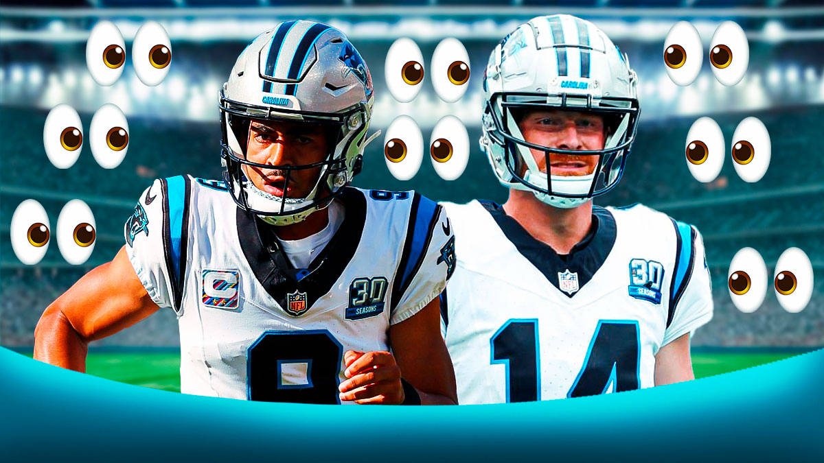 Bryce Young and Andy Dalton with a bunch of the big eyes emojis in the background
