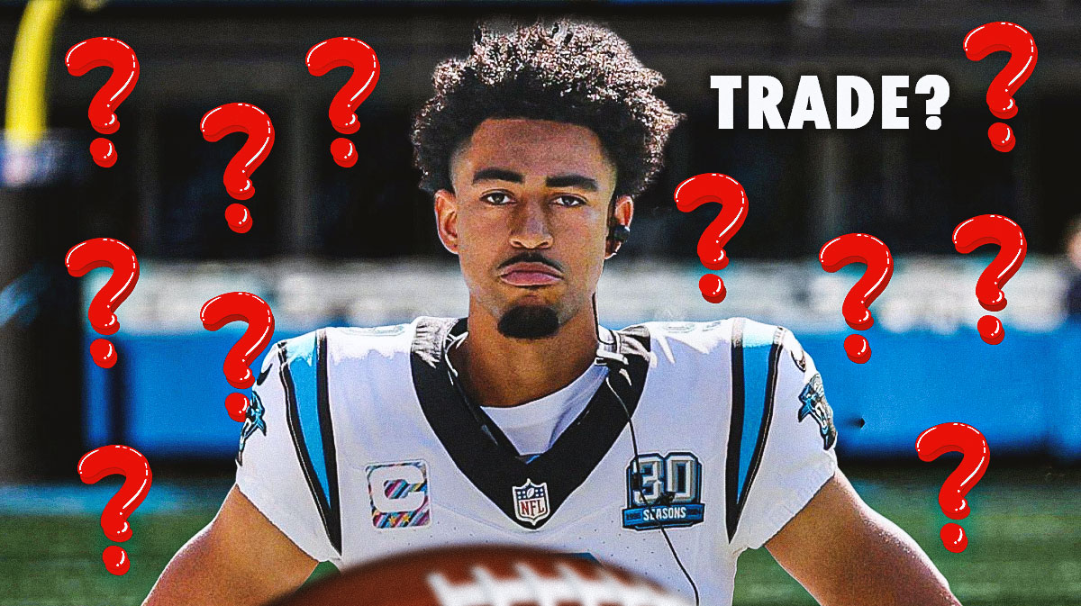 A photo of Carolina Panthers quarterback Bryce Young with the word "Trade?" above him, and question marks around him.