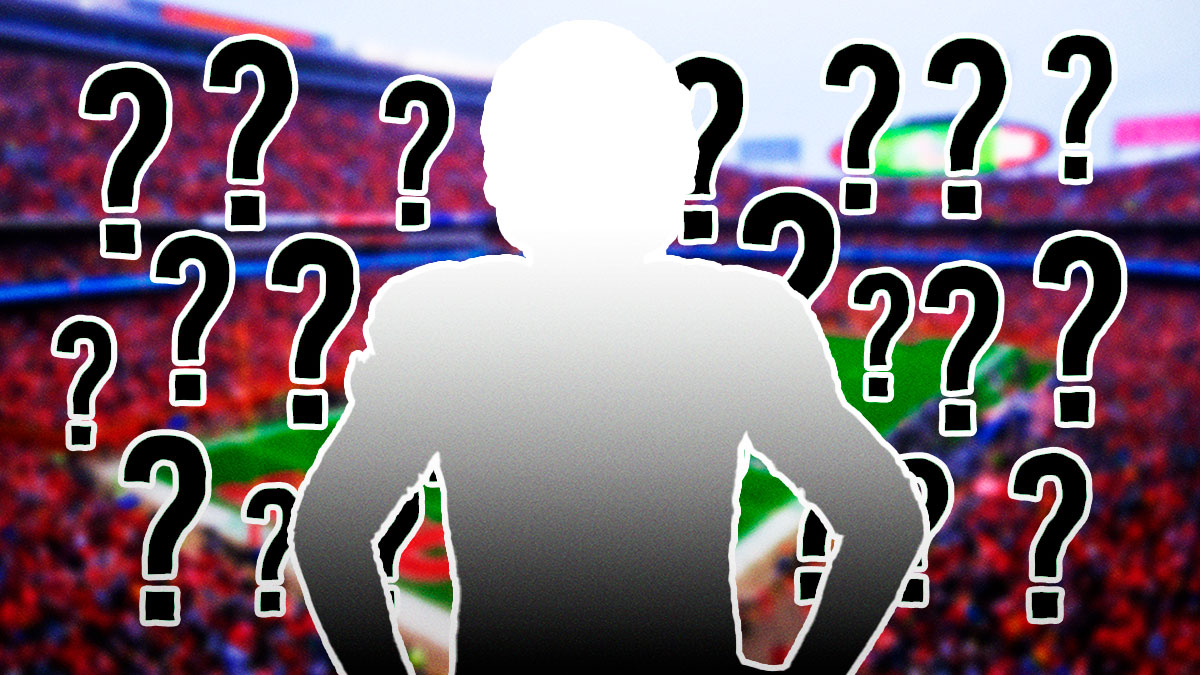 A silhouetted Patriots player surrounded by question marks featuring a Chiefs-themed BG.