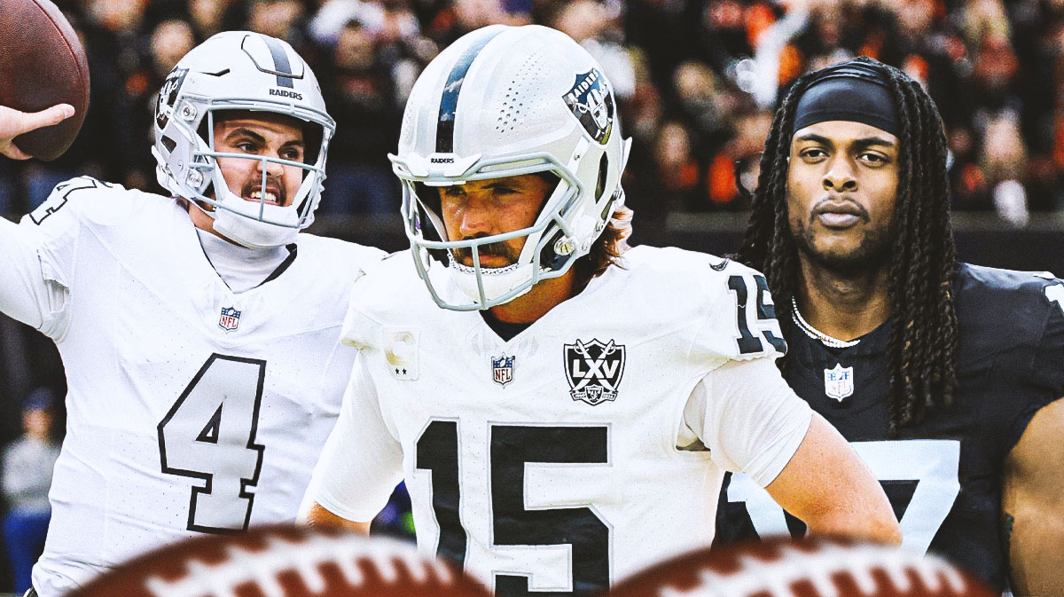 Raiders Davante Adams (black jersey) looking mad at Aidan O'Connell and Gardner Minshew (both in white Raiders jerseys)