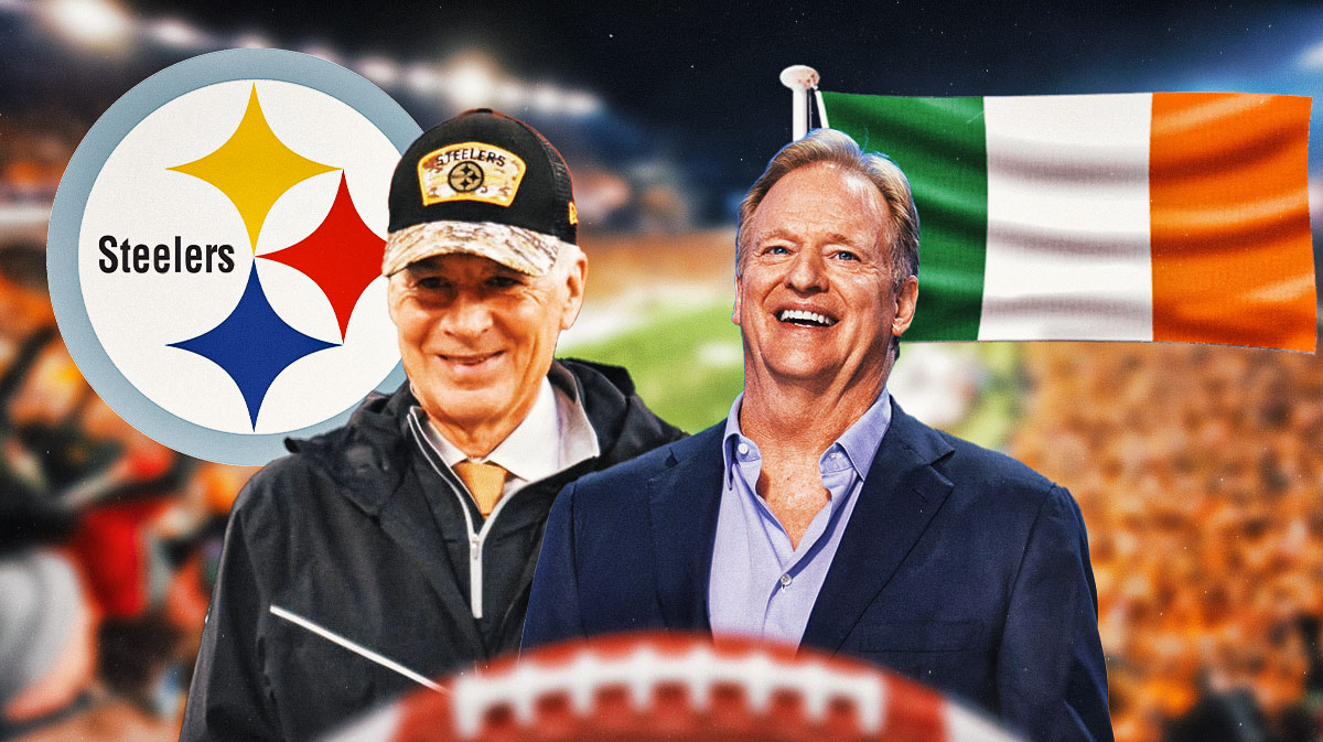 Pittsburgh Steelers owner Art Rooney II with NFL Commissioner Roger Goodell. They are next to a logo for the Pittsburgh Steelers and a flag for Ireland.