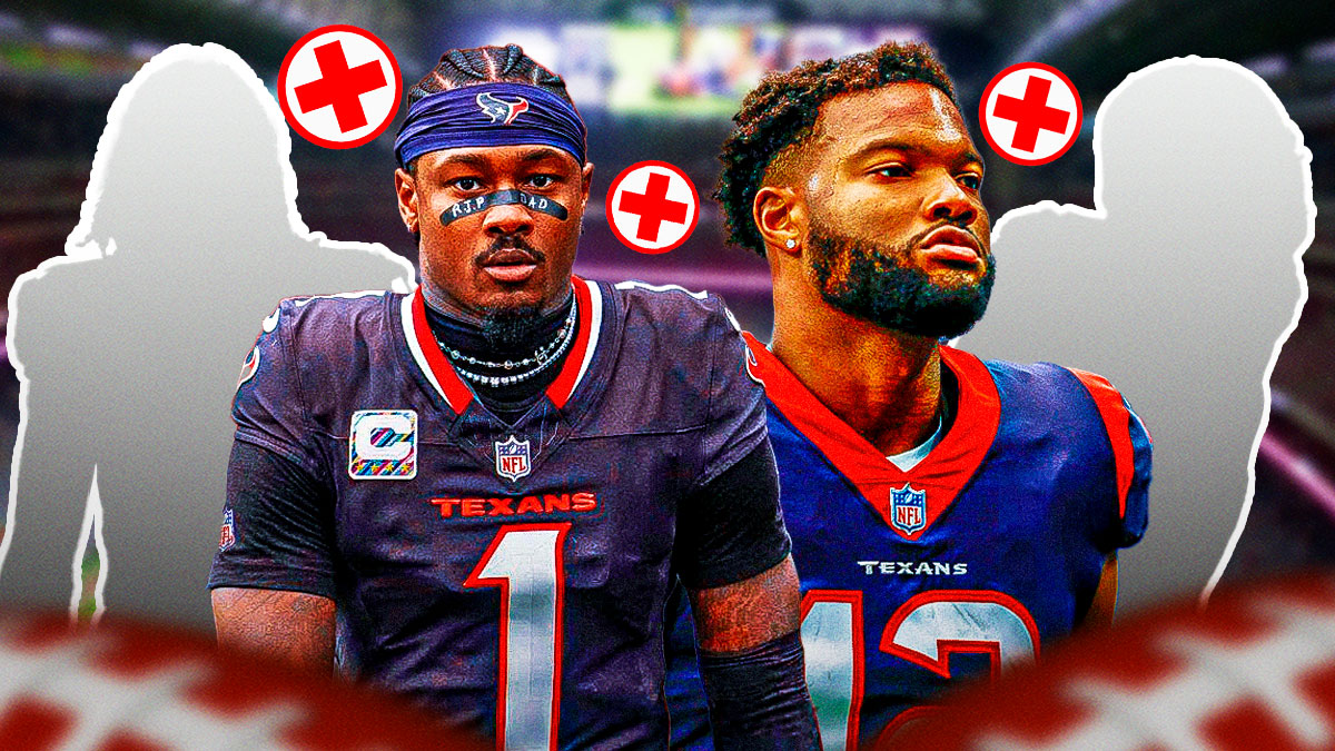 Texans' Stefon Diggs and Nico Collins with the injury red cross next to the silhouette of Kendrick Bourne and Jakobi Myers.