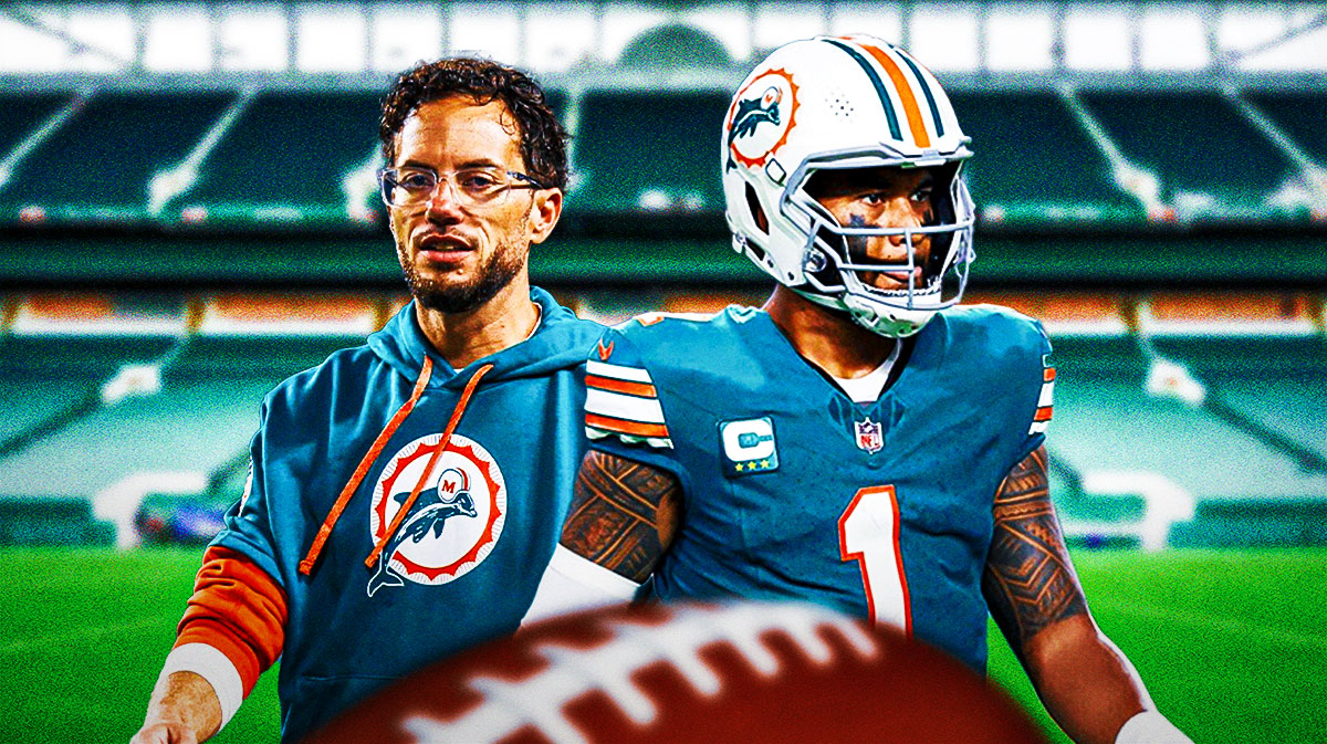 Miami Dolphins star Tua Tagovailoa and Mike McDaniel in front of Hard Rock Stadium.