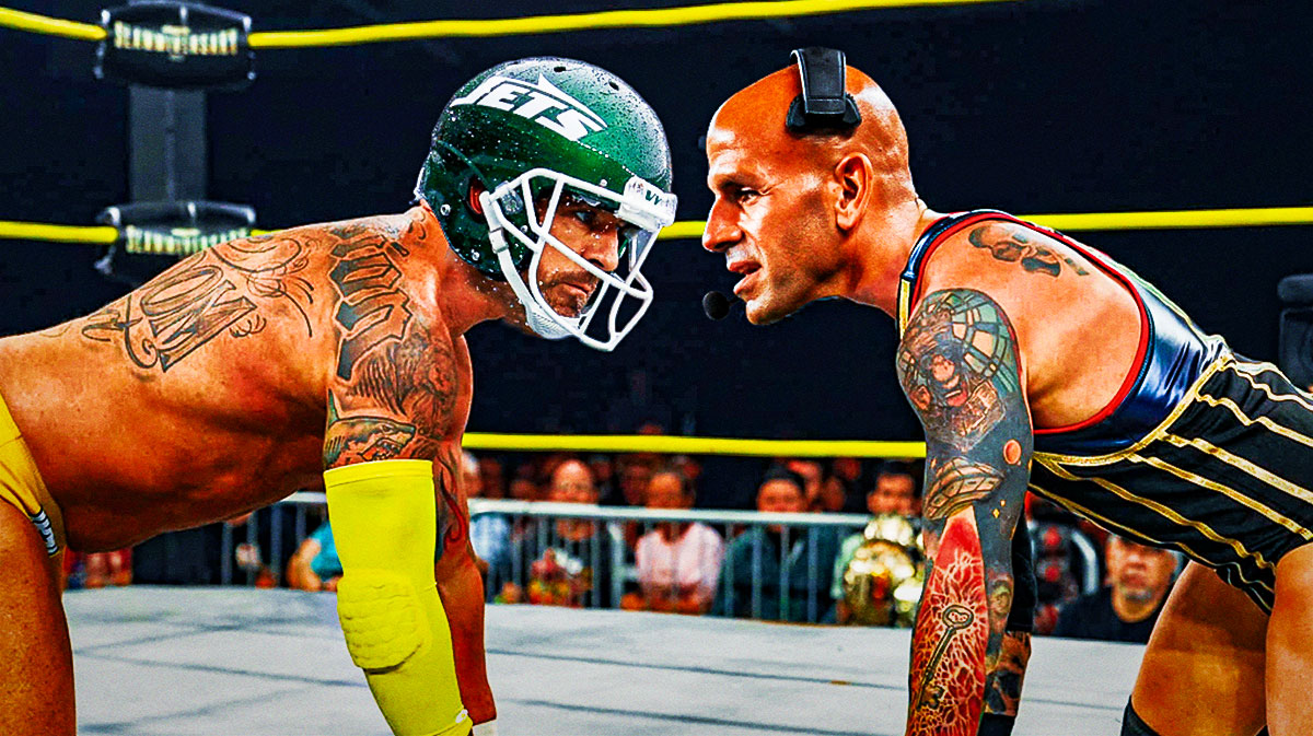Robert Saleh and Aaron Rodgers (Jets) as wrestlers.