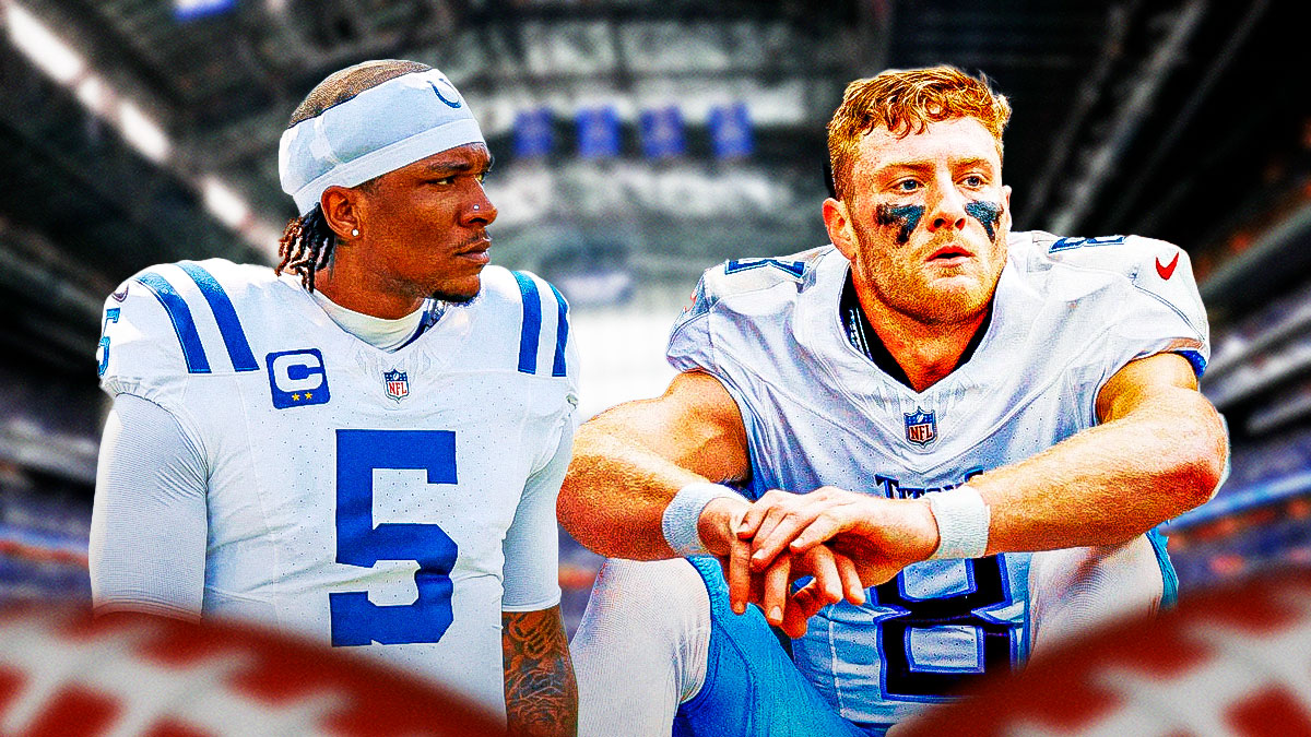 Photo: Will Levis sitting on a bench in Titans jersey, Anthony Richardson looking at him