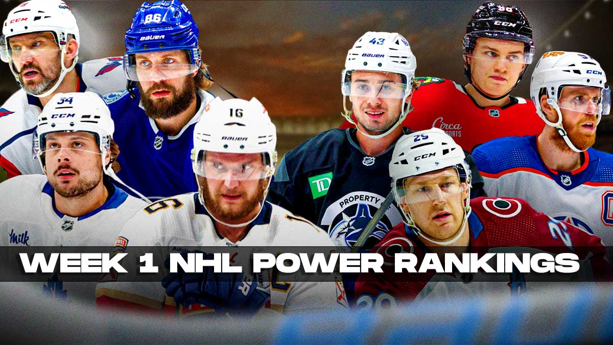Sasha Barkov, Auston Matthews, Nikita Kucherov and Alex Ovechkin on one side, Connor Bedard, Nathan MacKinnon, Connor McDavid and Quinn Hughes on other side, Text: Week 1 NHL Power Rankings