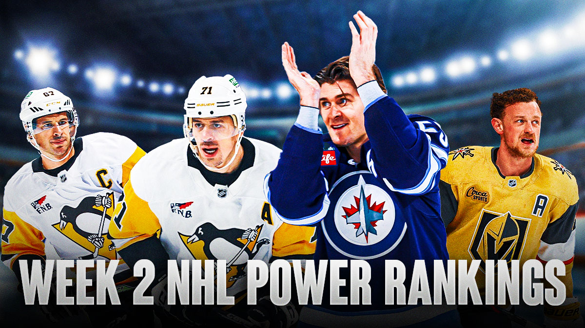 Evgeni Malkin and Sidney Crosby on one side of image looking happy, Jack Eichel and Mark Scheifele on other side looking happy, hockey rink in background, Text: Week 2 NHL Power Rankings