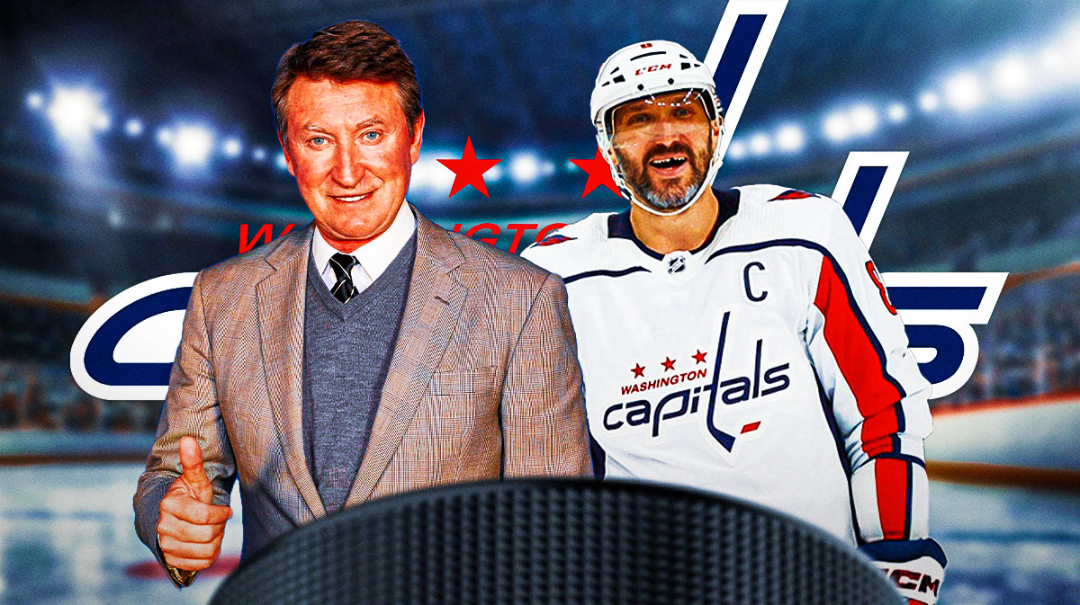 Wayne Gretzky and Alex Ovechkin both in image looking happy, Washington Capitals logo in middle, hockey rink in background