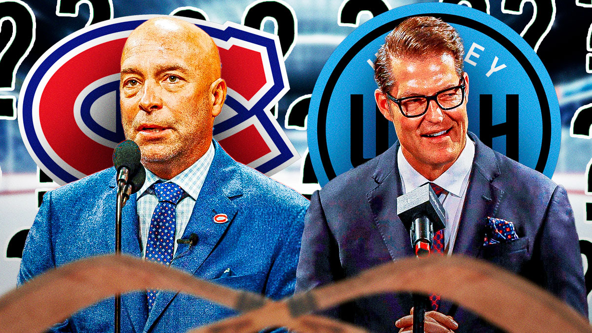 Kent Hughes (with a Montreal Canadiens logo behind him) and Bill Armstrong (with a Utah HC logo behind him), 3-5 question marks, hockey rink in background