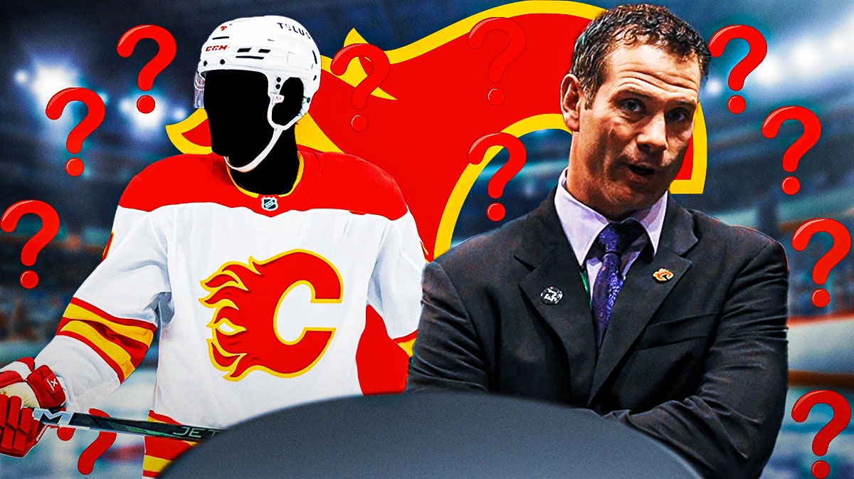 A silhouette of a Calgary Flames player, Craig Conroy in image, Calgary Flames logo, hockey rink in background, 3-5 question marks
