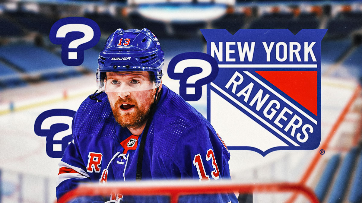 Alexis Lafreniere looking hopeful, 3-5 question marks, New York Rangers logo, hockey rink in background