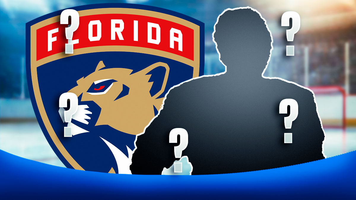 Silhouette of Sam Bennett, 3-5 question marks, Florida Panthers logo, hockey rink in background