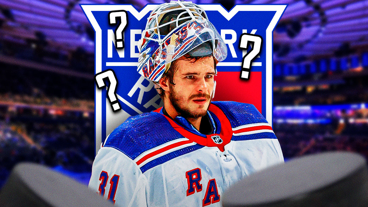 Igor Shesterkin in image looking stern, 3-5 question marks, New York Rangers logo, hockey rink in background