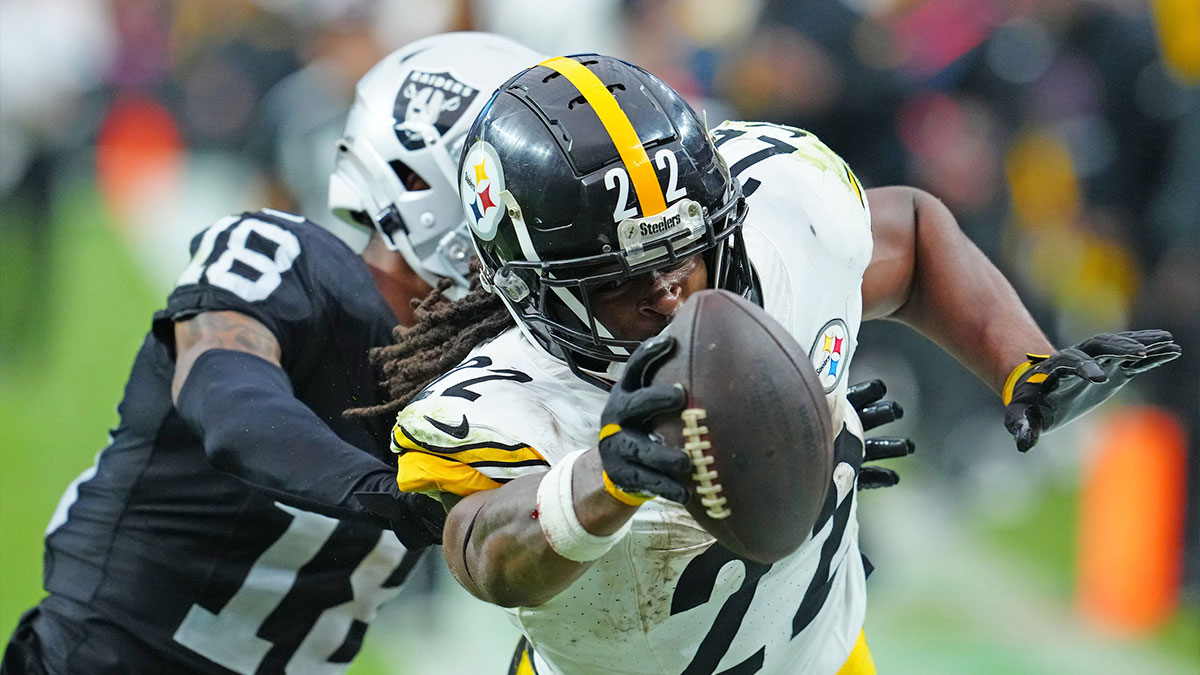 Pittsburgh Steelers running back Najee Harris (22) is pushed out of bounds by Las Vegas Raiders cornerback Jack Jones (18) during the third quarter at Allegiant Stadium