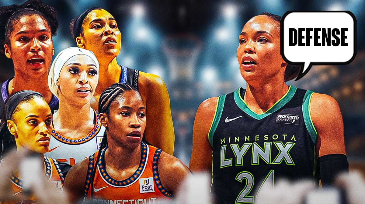 Minnesota Lynx forward Napheesa Collier with a thought bubble that says "Defense" while looking at the Connecticut Sun starting lineup of Alyssa Thomas, DeWanna Bonner, Brionna Jones, Ty Harris, and DiJonai Carrington.