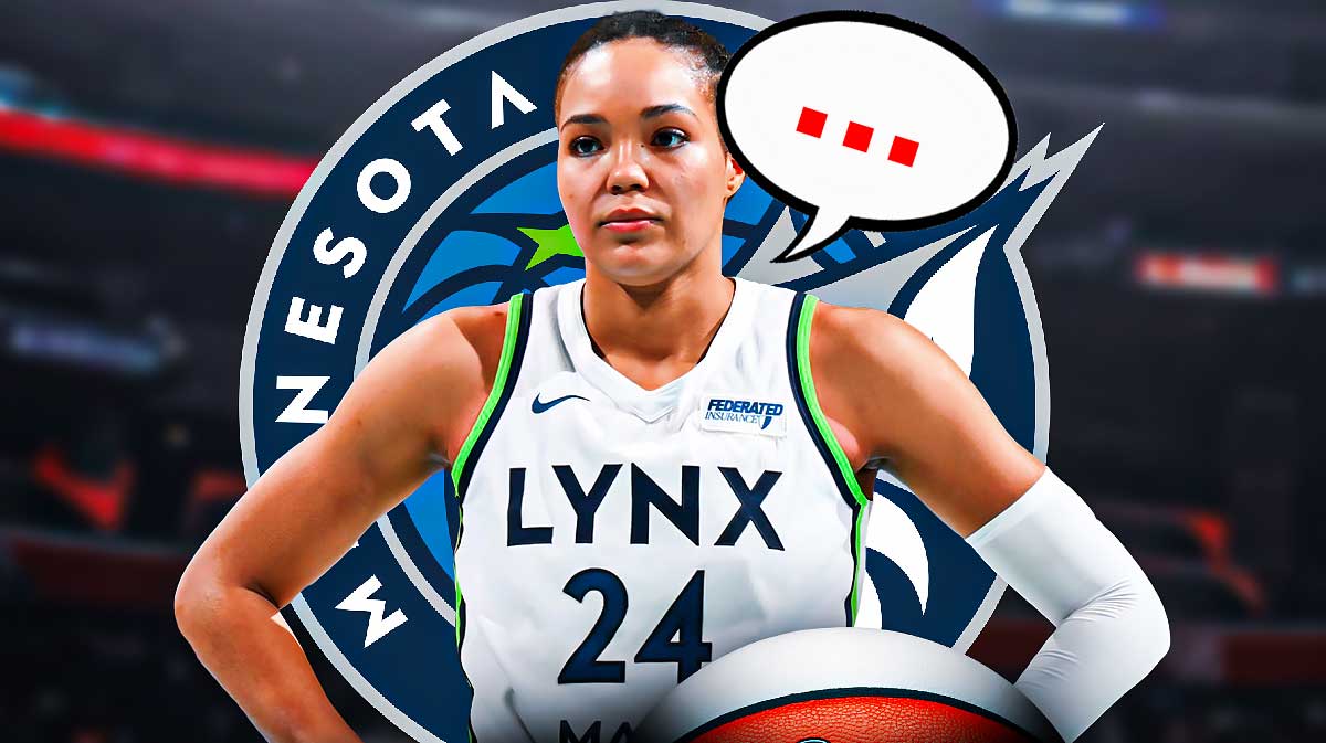 Minnesota Lynx forward Napheesa Collier with a speech bubble that has the three dots emoji inside. There is also a logo for the Minnesota Lynx.
