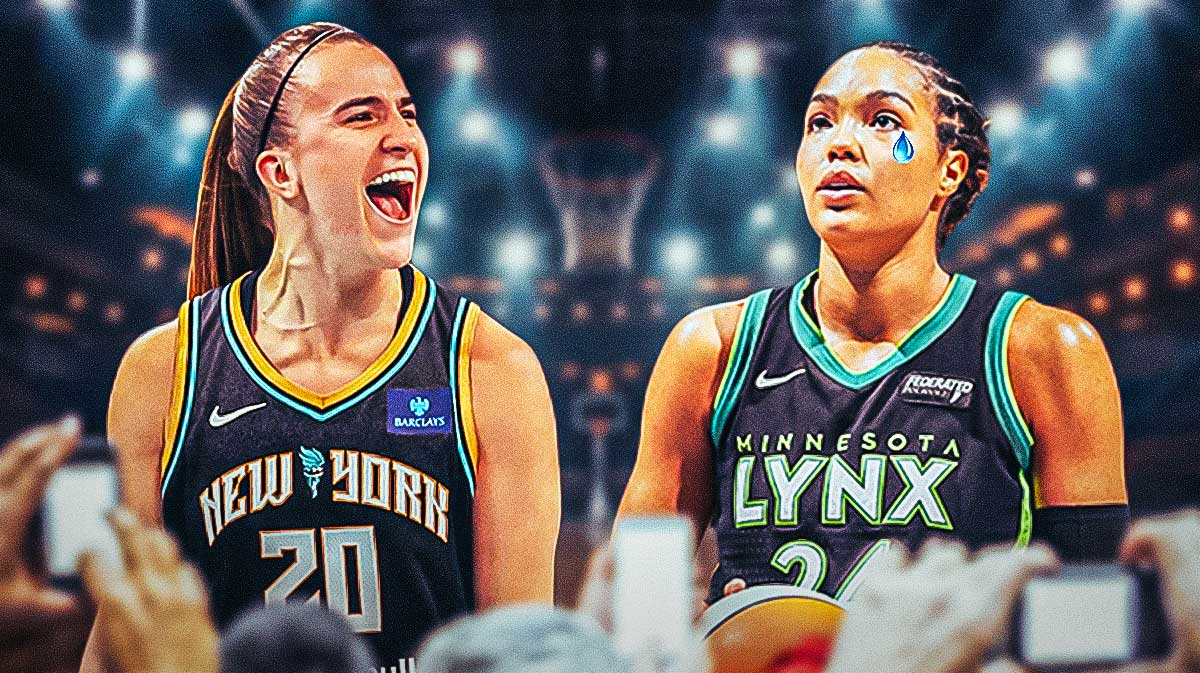 A photo of Minnesota Lynx forward Napheesa Collier looking sad, with a photo of New York Liberty guard Sabrina Ionescu next to her. Collier has tear emojis around her as well.
