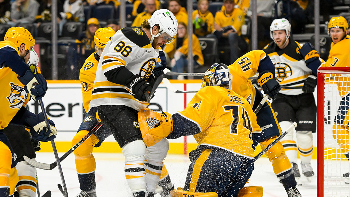 Nashville Predators goaltender Juuse Saros (74) blocks the shot of Boston Bruins right wing David Pastrnak (88) during the second period at Bridgestone Arena.