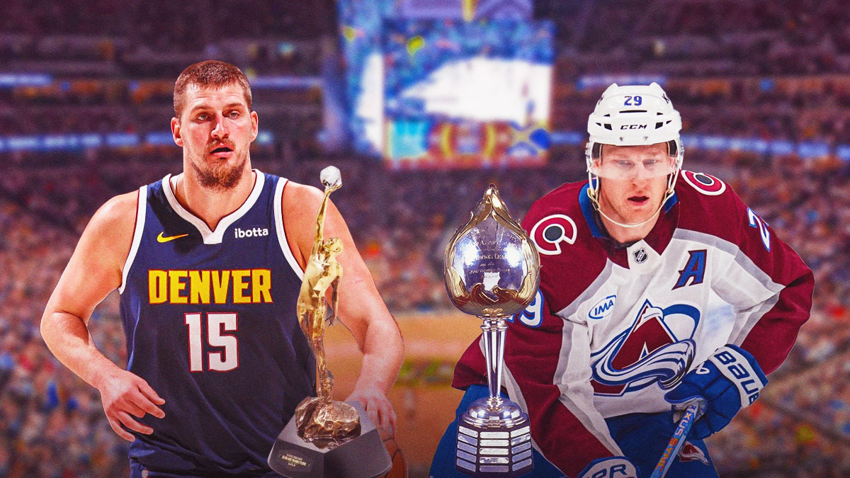 Nuggets' Nikola Jokic with NBA MVP award and Avalanche's Nathan MacKinnon with Hart Memorial Trophy