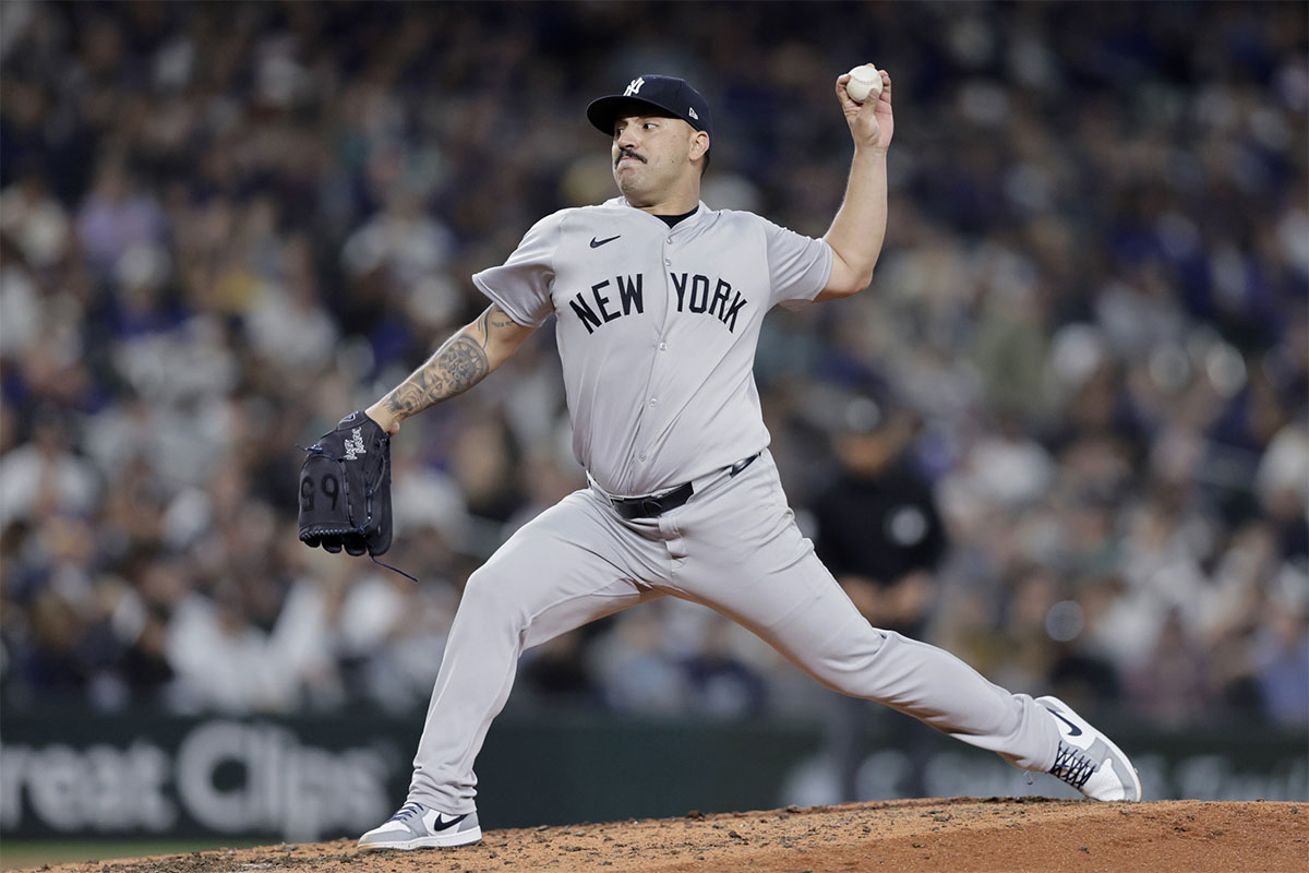 New York Yankees starting pitcher Nestor Cortes (65) throws against the Seattle Mariners during the fifth inning at T-Mobile Park.