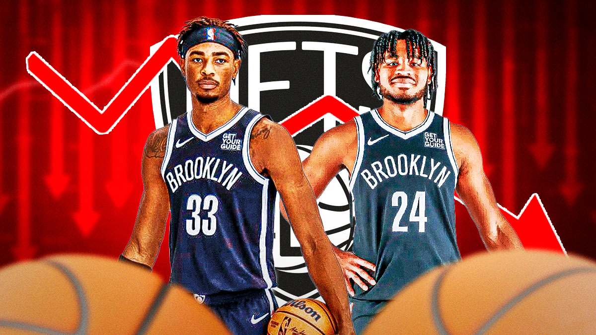 Nic Claxton and Cam Thomas with a Nets logo and graphs with a red arrow pointing down