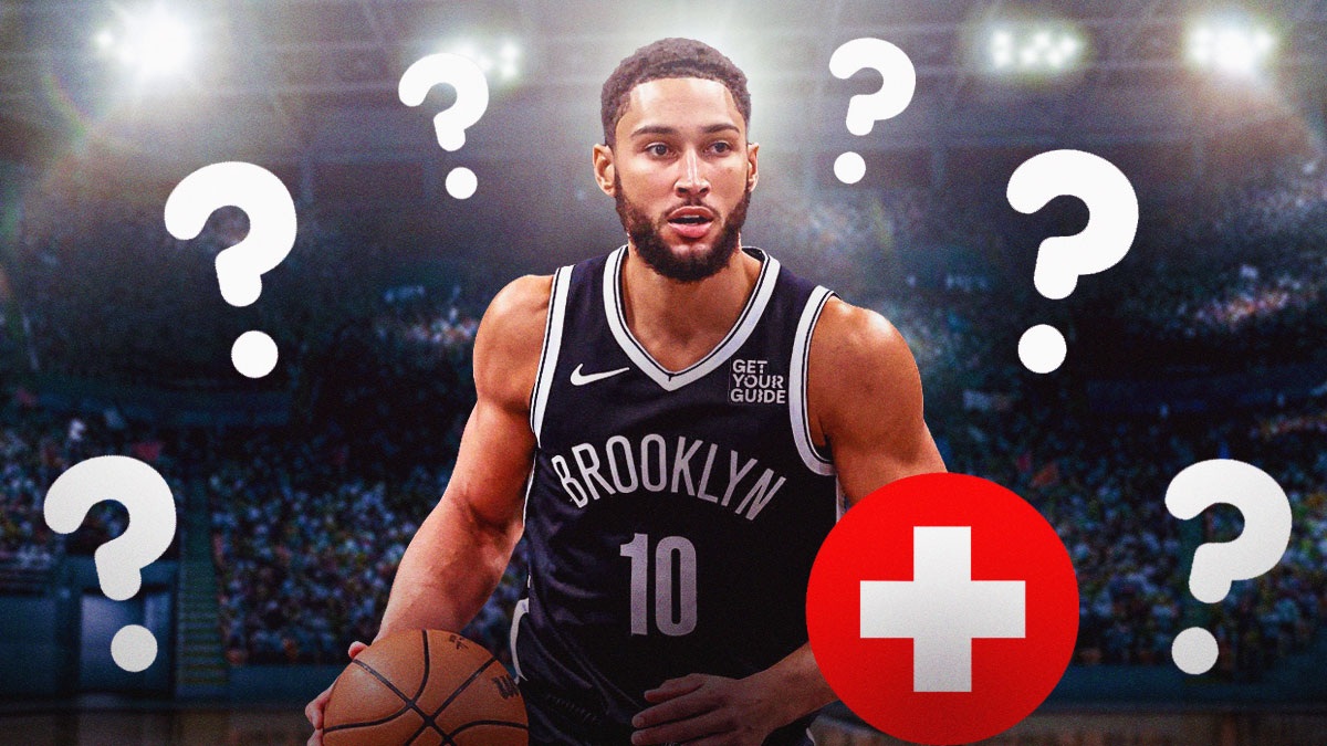 Ben Simmons with injury symbols and question marks around him