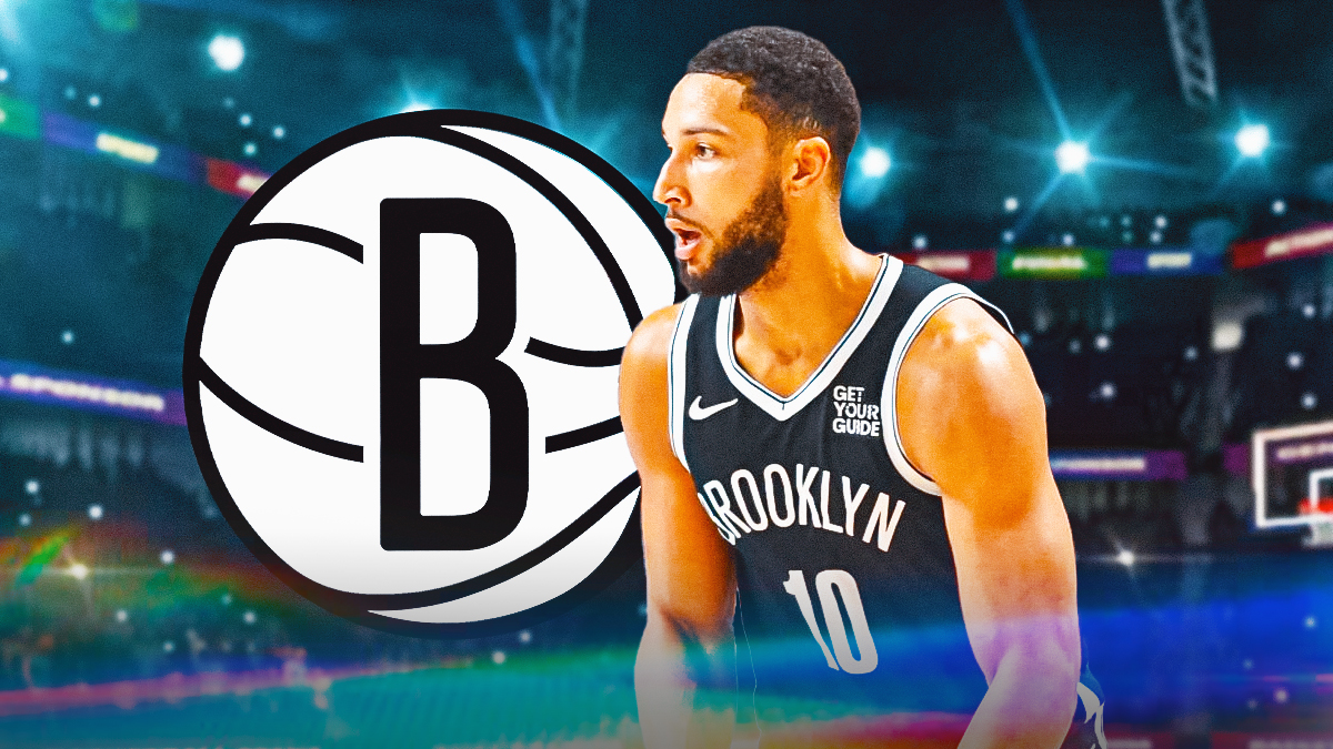 Ben Simmons beside Brooklyn Nets logo