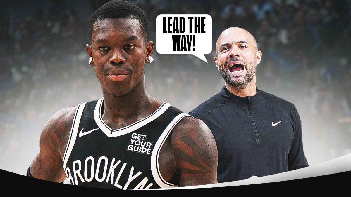 Dennis Schroder with Jordi Fernandez on the other side with a speech bubble saying, "Lead the way!"