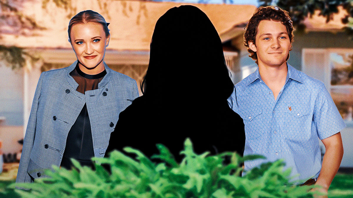 Young Sheldon star Raegan Revord, who plays Missy, as silhouette with Emily Osment and Montana Jordan, stars of Georgie and Mandy's First Marriage, in front of Cooper house.