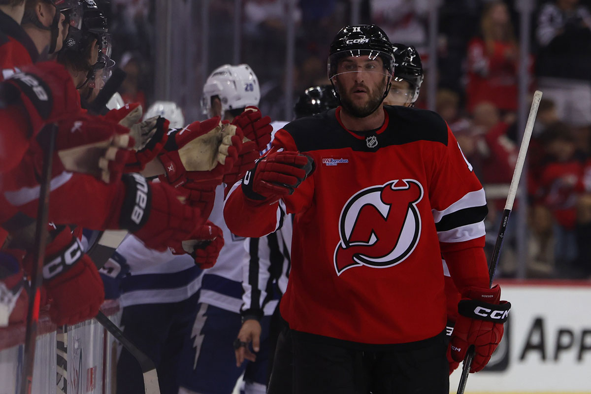 New Jersey Devils right wing Stefan Noesen (11) celebrates his goal against the Tampa Bay Lightning during the third period at Prudential Center.